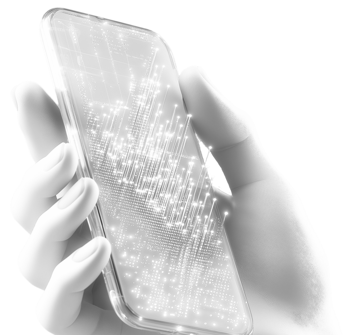 A 3D hand holding a smartphone with a sparkling screen